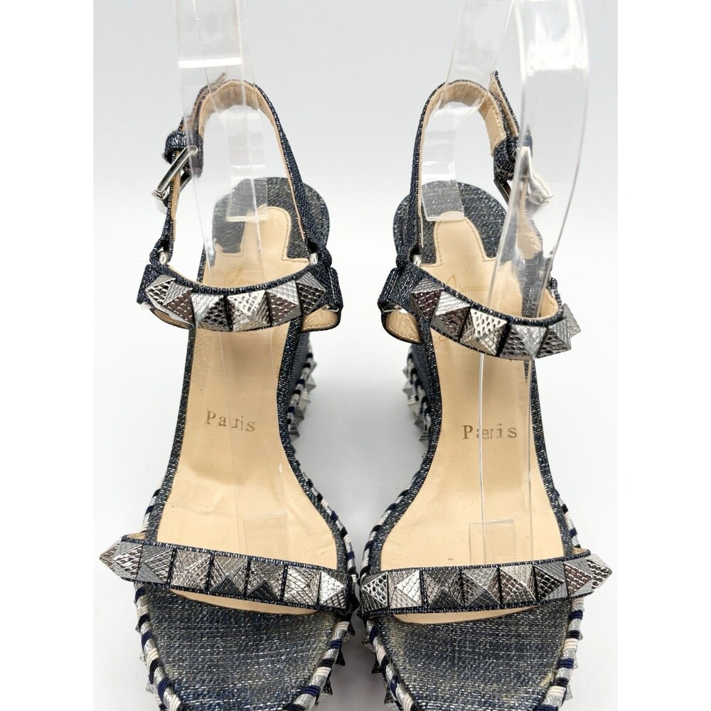 Christian Louboutin Pyraclou 110 Denim Espadrille Wedges Silver Studs EU 36 - Picture 6 of 11